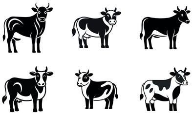 Simple Black and White Icons of Various Cow Breeds