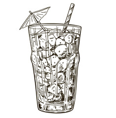 Cocktail or mocktail, hand drawn retro illustration. A drink in a glass with ice. Alcoholic or non-alcoholic cocktail. Cocktail umbrella. For bar menu design, vintage sketch