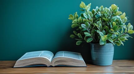 Open book and plant on a wooden table