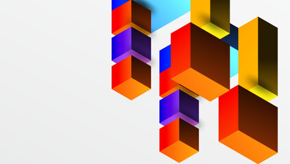 Abstract geometric composition. Colorful isometric cubes overlap, creating dynamic visual effect. Bright hues contrast against light background. Modern design element.