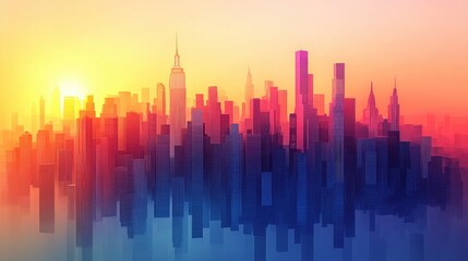 Obraz premium A vibrant skyline at sunset, featuring skyscrapers in various colors, creating a stunning cityscape silhouette against a gradient sky.