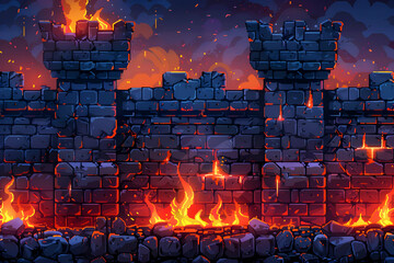 Burning Castle Stone Wall At Night With Fiery Glow And Pixel Art Style For Game Design and Fantasy Background