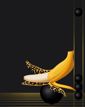 Abstract still life of a banana with a leopard pattern on a black background
