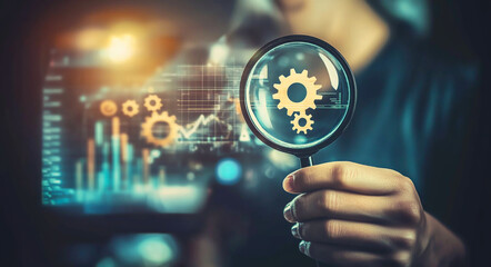 A person using a search engine for digital marketing and online business with a magnifying glass, and a gears icon on a virtual screen. The blurred background depicts an office space