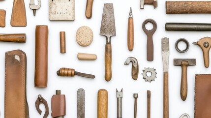 Vintage Hand Tools and Accessories on White Background for Crafts and DIY Projects