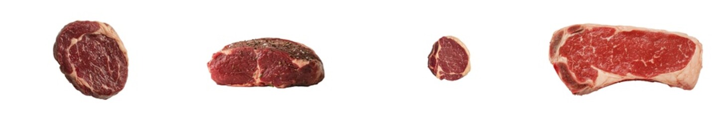 Fototapeta premium Minimalist mockups of isolated cuts of beef showcasing different textures and shapes on a white background for culinary presentation