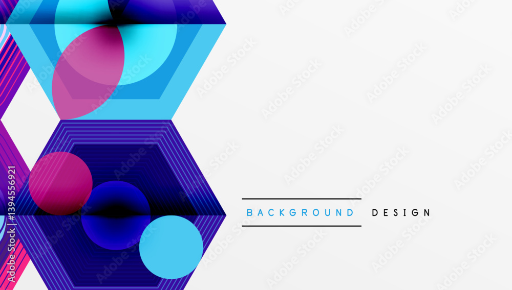 Poster abstract geometric composition. hexagons, circles overlap creating vibrant gradients. purple, blue, 