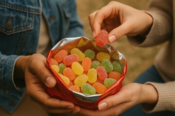 Colorful candy shared outdoors.