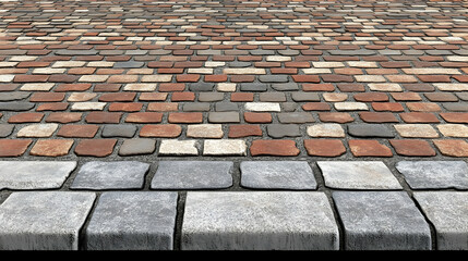 Close Up of Multi Colored Cobblestone Pavement Surface Texture in Urban Environment Showing Geometric and Mosaic Patterns