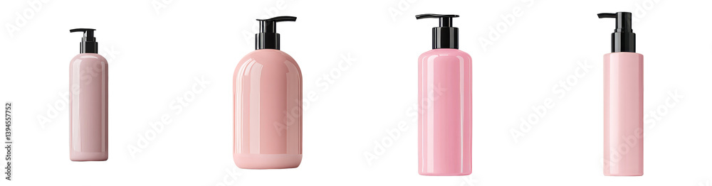 Poster Minimalist mockups showcasing a collection of various sizes of pink lotion bottles arranged in an isolated setting