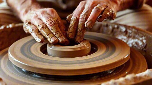 Close-up of muddy hands shaping wet clay on pottery wheel in workshop with natural lighting. Concept of creation and meditative craft