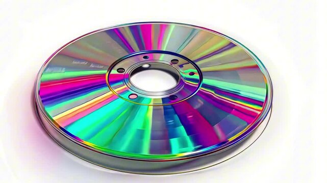 Stack of shiny CDs with rainbow reflection on white background. Concept of digital nostalgia and media evolution