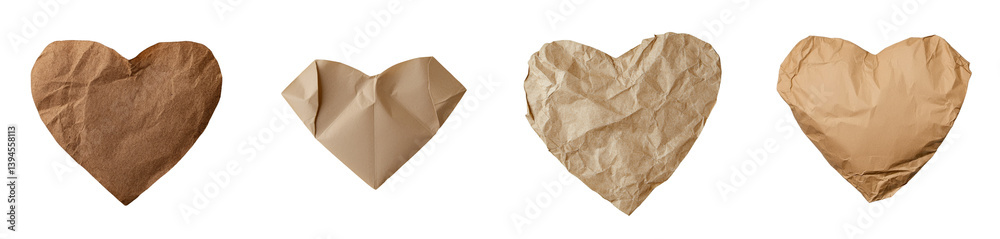 Poster Collection of minimalist heart shapes crafted from various types of paper for artistic display in a neutral setting