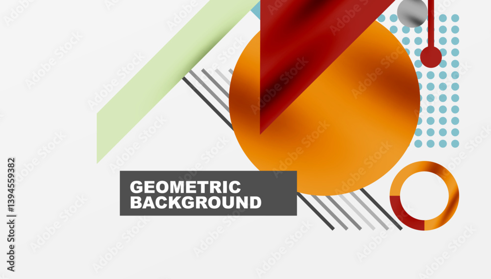 Aufkleber Abstract geometric composition. Overlapping shapes create dynamic visual interest. Colors include red, orange, green, black, plus light blue dots on white background. Modern design element.