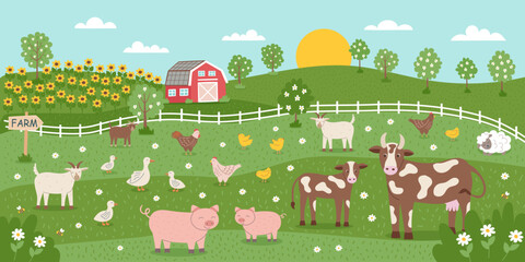 Naklejka premium Sustainable and regenerative farming concept banner. Gardening nature landscape. The concept of agriculture. Farmhouse, garden, livestock and pasture. Vector hand drawn background.