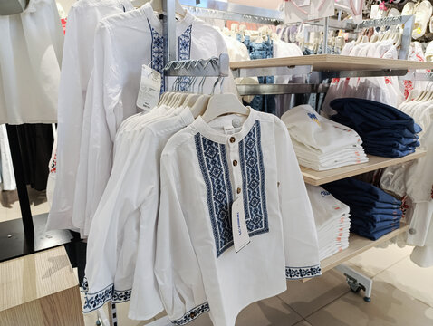 Kropyvnytskyi, Ukraine - April 4, 2025: Ukrainian style shirt for boys in a store. Embroidered shirts for boys in a clothing store
