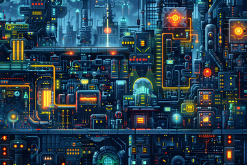 Fototapeta premium Complex Futuristic Pixel Art Cityscape Featuring Intricate Geometric Details with Fluorescent Glowing Neon Lights and Sci-Fi Electrical Circuitry