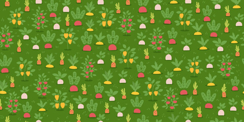Gardening and farming concept seamless pattern. Nature background of vegetables on green background. Regenerative farming. Vector flat banner.