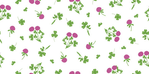 Gardening, spring and  nature concept seamless pattern. Nature floral background of clover leaves and flowers isolated on white background. Cover crop concept. Vector flat banner.