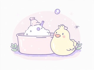 Naklejka premium A cute chick watches as another bathes in a bubbly tub