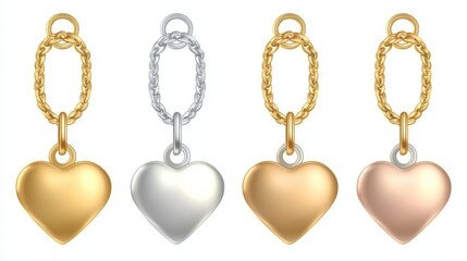 A lifelike, modern illustration of heart-shaped keychains made from copper, bronze, gold, brass, silver, steel, and pink gold, displayed on a white background