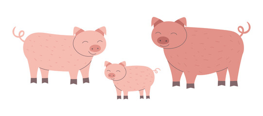 Fototapeta premium Pigs cliparts isolated on white background. Farming concept, animals, livestock. Vector flat illustration of pig family.