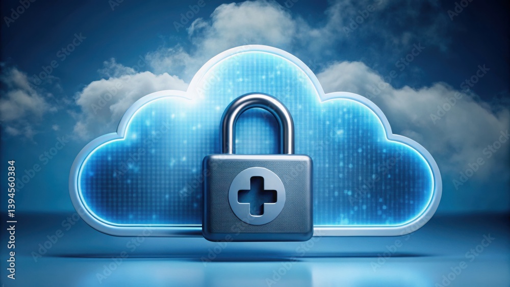 Poster secure medical cloud storage icon with padlock and digital background