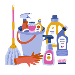 Childish cartoon housekeeping and cleansing concept illustration. Bucket with spray bottle, detergent gel in it, mop, rubber gloves, brush. Funny clipart composition for banner, postcard, design.