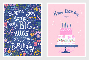 Set of birthday postcards with cake, flowers and hand writing. Invitations, happy birthday. Vector templates great for card, poster, flyer or banner