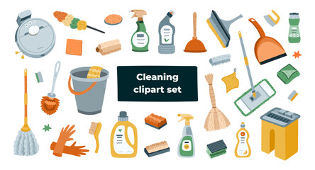 Big colourful cartoon set with washing tools, products to cleanup dust, dirt, viruses. Hand drawn bucket, rubber gloves, laundry gel, brushes. Funny housekeeping clipart isolated on white background.