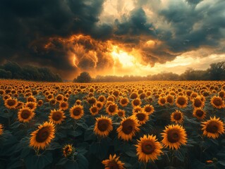 Obraz premium Sunflower Symphony: A Field of Golden Blooms Under a Dramatic, Thunderous Sky Painted with Fiery Light and Intense Clouds.