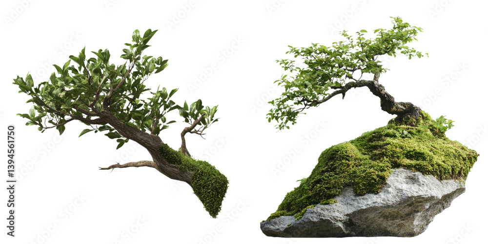 Aufkleber isolated minimalist mockups showcasing bonsai trees creatively positioned on rocks with lush moss ac