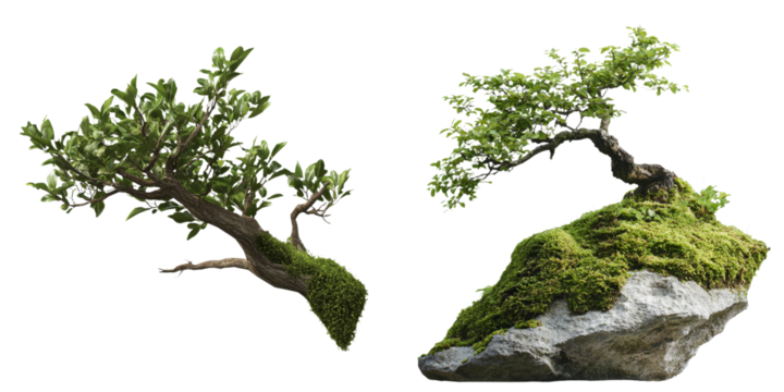 Isolated minimalist mockups showcasing bonsai trees creatively positioned on rocks with lush moss accents