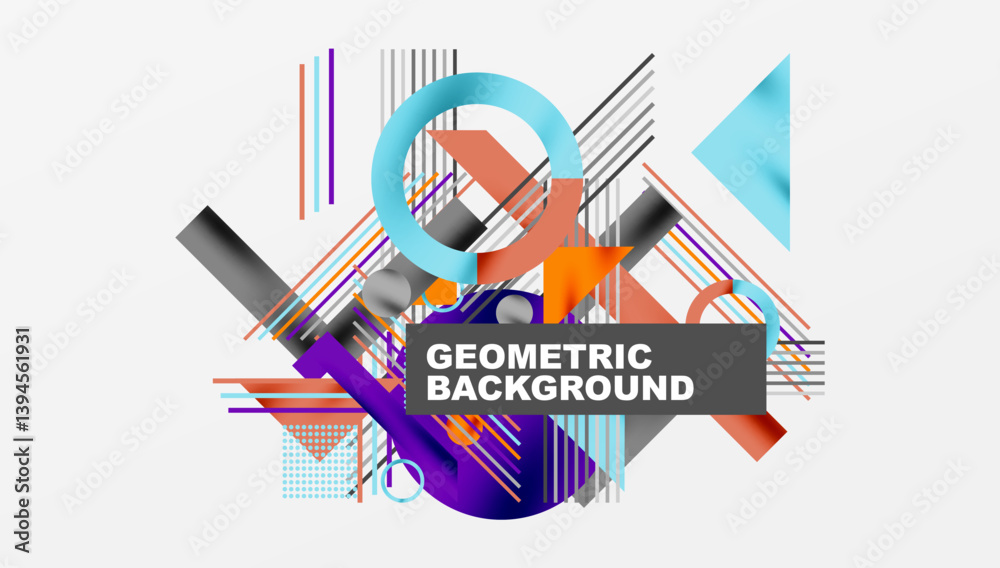 Poster Abstract geometric composition. Lines, circles, triangles create dynamic visual effect. Modern design with vibrant colors, gradients, textures. Minimalist aesthetic.