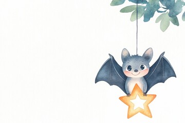 Fototapeta premium Watercolor bat hanging from star whimsical scene children's art cute environment playful perspective