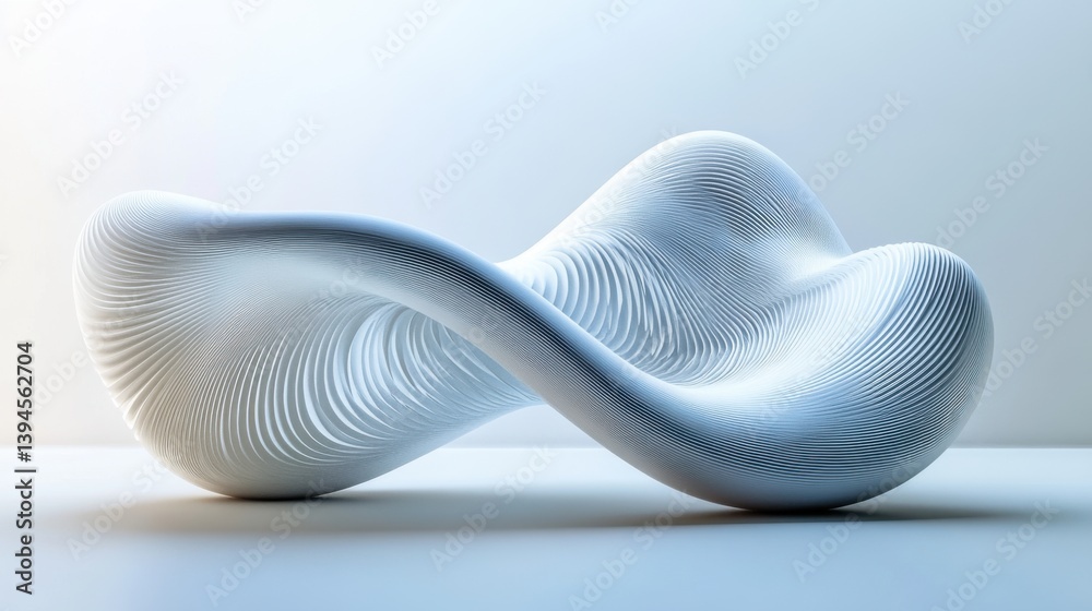 Poster a modern, abstract sculpture with smooth curves and intricate patterns, showcasing a blend of art an