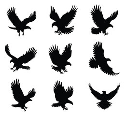 Set of eagle silhouettes in flight. vector illustration.