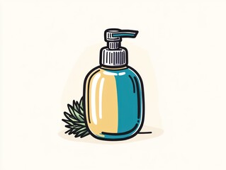 A pump bottle of soap or lotion sits beside a sprig of greenery