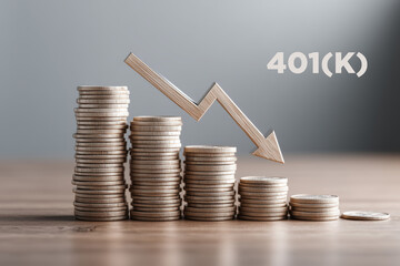 Visual concept of 401(k) retirement savings loss represented by falling stacks of coins and a downward arrow.

