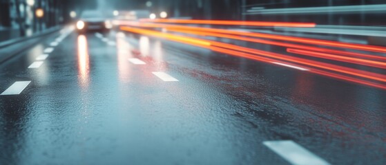 Obraz premium Red light streaks blur across a wet, empty street, creating a sense of motion and futuristic ambiance during the night.