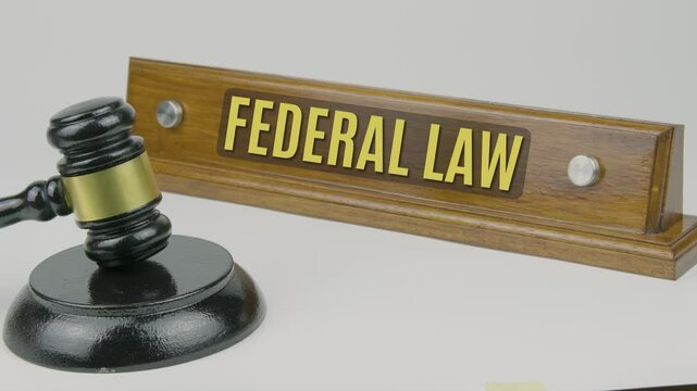 "Federal law" text on a nameplate beside a gavel, symbolizing the body of law created by the federal government that governs across all states in the country