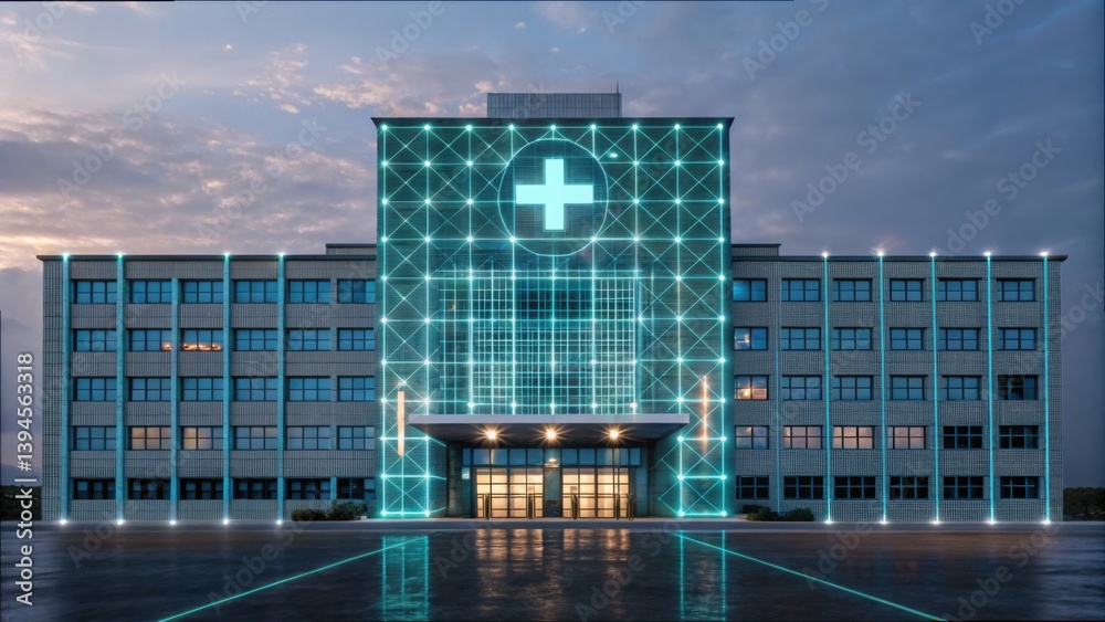 Poster futuristic medical building with cyber grid design at dusk