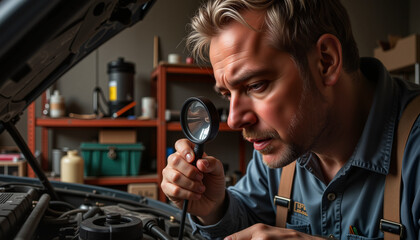 Elderly mechanic repairing a car with a magnifying glass in workshop  