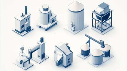 Industrial Equipment Illustrations in Isometric Style for Modern Manufacturing and Production
