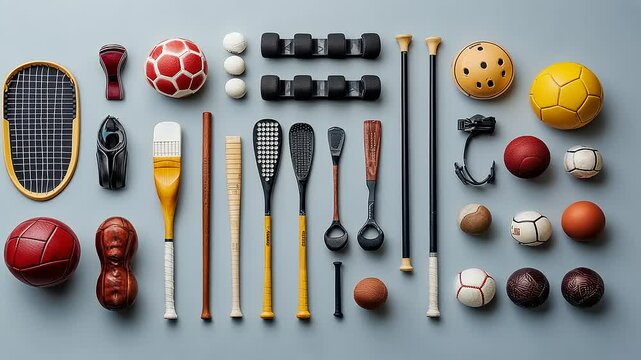 A Flatlay Collection of Vintage Sport Equipment: Racquets, Balls, and Bats