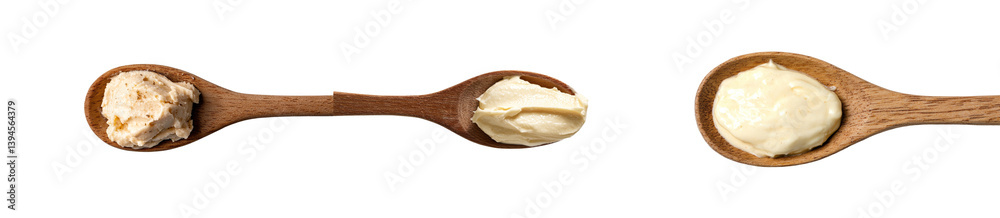 Poster Wooden spoons holding different types of cream and spread arranged in a minimalist style on a white background