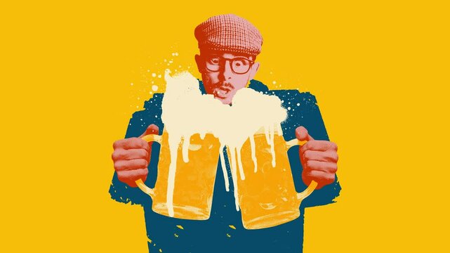 Pop art style illustration. Stop motion, animation. Man with two overflowing beer mugs, bold colors and halftone textures on a bright yellow background. Concept of beer, party, celebration, festival