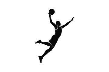 Silhouette art illustration of a basketball player jumping mid-air for a slam dunk.eps