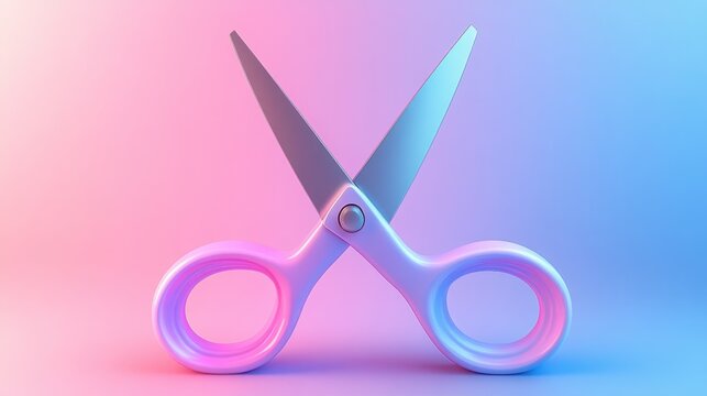 A vibrant image of a pair of scissors against a colorful gradient background, showcasing a blend of pink and blue hues.