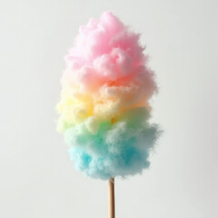 Colorful cotton candy on stick with pink, blue and yellow hues against an isolated white background highlighting its texture and fluffy appearance